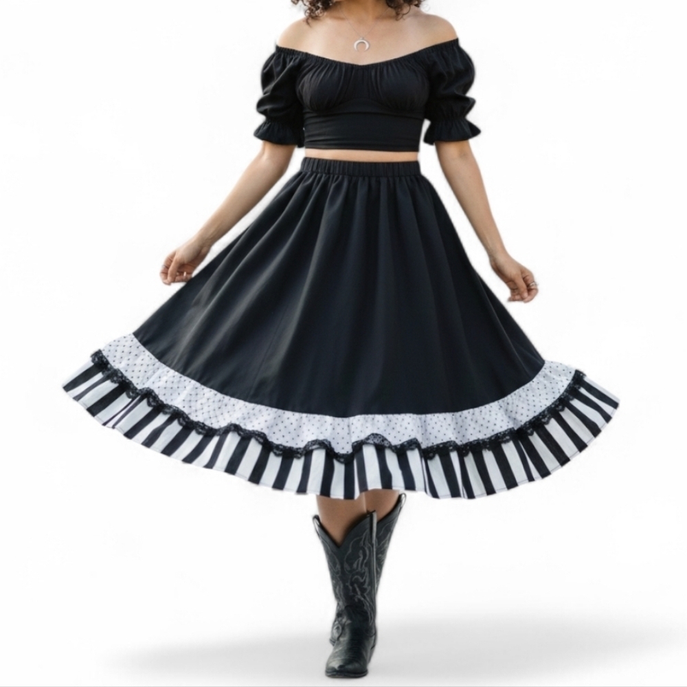 Vintage Pitchfork Brand Polka Dot Striped Ruffle Midi Skirt Black White S